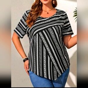 Plus Striped Print Asymmetrical Hem Blouse
